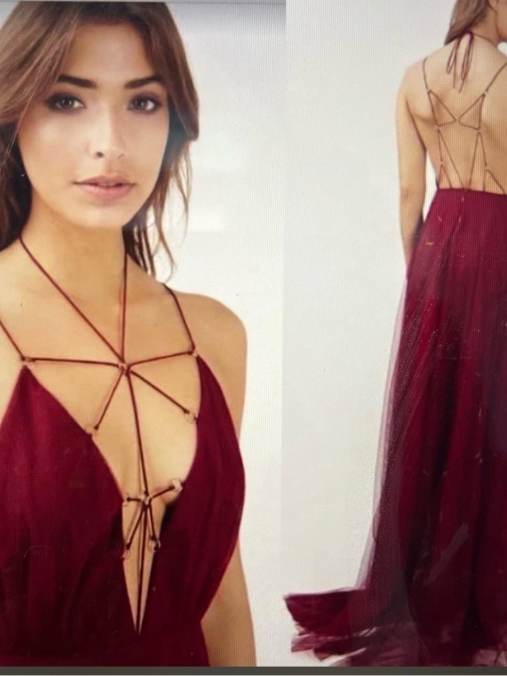 Topshop Red Wine Tulle Evening Dress Lace Up Backless